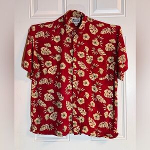 Vintage Hawaiian Shirt Red Hibiscus Floral Print Rockabilly Retro